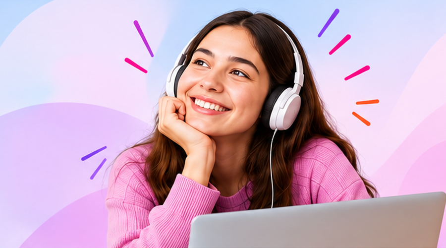 Online ders için bilgisayar başında kulaklıklı öğrenci